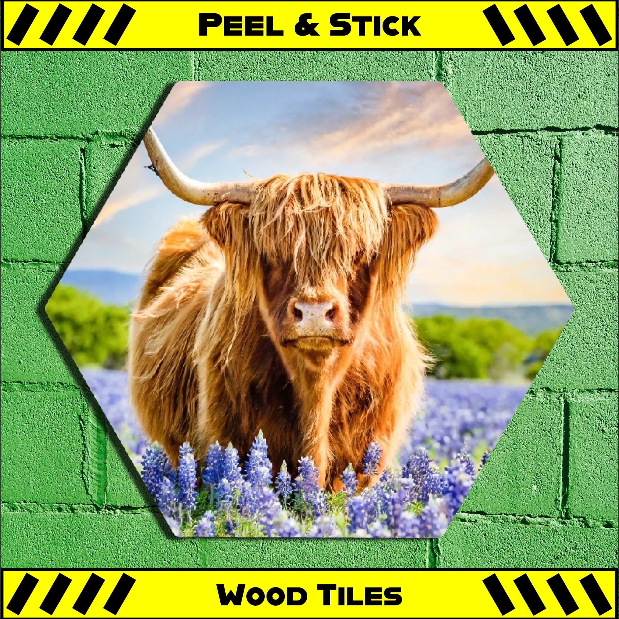 Highland Cow Bluebonnets - Peel & Stick Hexagon Wood Tile