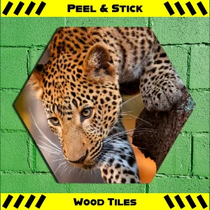 Leopard In Tree - Peel & Stick Hexagon Wood Tile